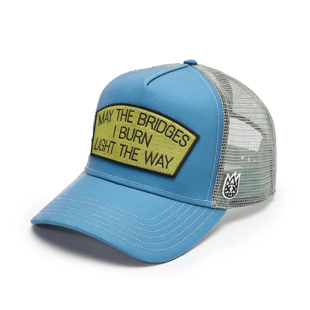 Cult's Logo Mesh Back Trucker Hat "May The Bridges I Burn" in Blue Steel - Image 2